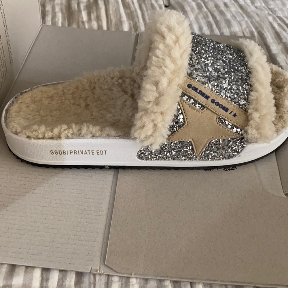 Golden Goose Silver Glitter Slides